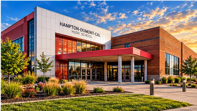Artistic visualization informed by documented school exterior; not a documentary photograph