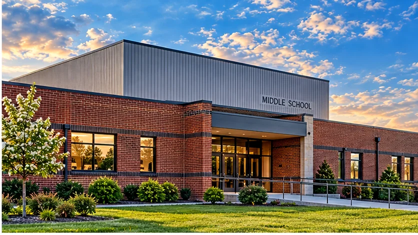 Artistic visualization informed by documented school exterior; not a documentary photograph