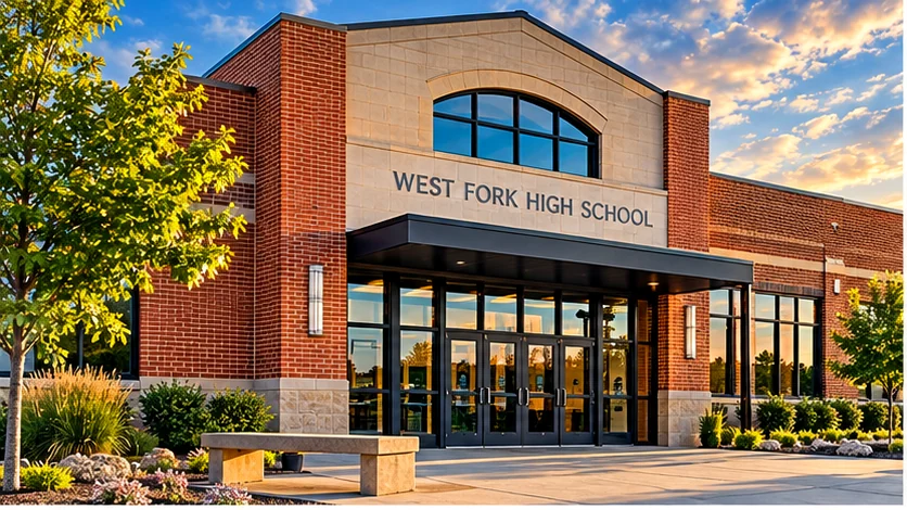 Artistic visualization informed by documented school exterior; not a documentary photograph